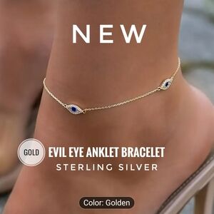 Gold Evil Eye Anklet • Sterling Silver • Rhinestone Detail • Protective Charms